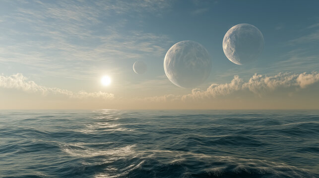 Alien Sky with Triple Moons: A breathtaking vista of an alien ocean under a sky illuminated by a sun and three distinct moons, with ethereal clouds drifting by, suggesting a world beyond imagination.