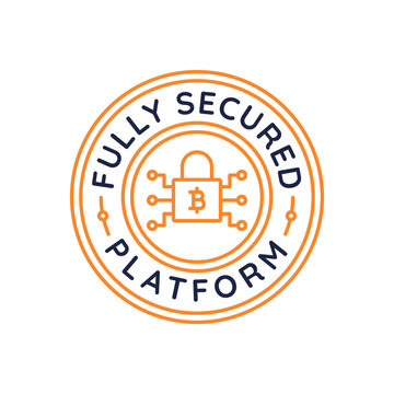 Fully Secured Platform Logo. Circular crypto security logo with padlock, circuit and bitcoin symbol for fintech branding, exchange labels, stickers and print. Vector illustration