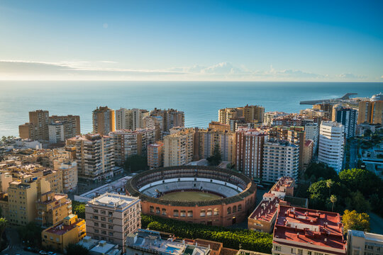 Morning view of Plaza de Toros and Port of Malaga. Andalusia, Spain