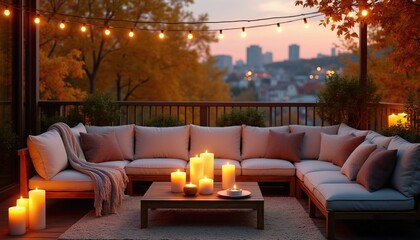 Obraz premium Cozy terrace seating area at dusk with string lights, candles, and autumn foliage. Soft pillows and a throw blanket create a warm, inviting atmosphere for relaxation on the patio.
