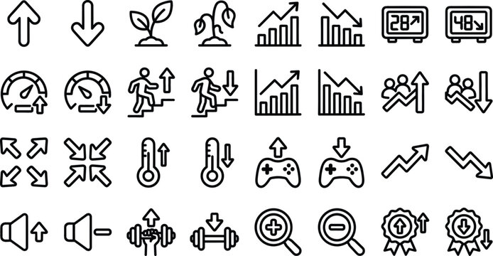 Business Analytics and Game Setting Line Icon Set Featuring Financial Growth Ecology Trends Gaming Controls Demographic Changes and Performance Statistics Symbols