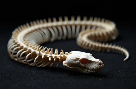 White skeleton of snake on black background. Vertebrae of reptile spinal column in curve shape. Dried bones of serpent skull show detail of anatomy. Biology specimen for science education horror