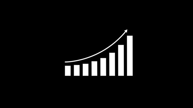 White Bar Chart Animation with Upward Exponential Trend Line Arrow Indicating Strong Financial Growth Growing Profit and Stock Market Success Isolated on Black Background.