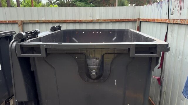 Large black plastic waste container dumpster outdoors near corrugated metal fence, industrial garbage bin, waste management, commercial disposal