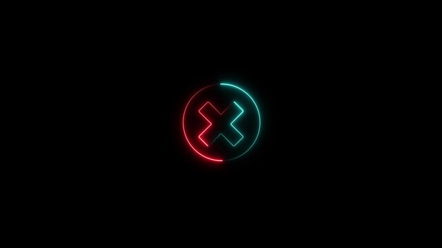 Neon Blue And Red Cross Icon Animation with Rotating Circular Loading Line Indicating Process Cancelled Transaction Failure or Access Denied Concept Isolated on Black Background.