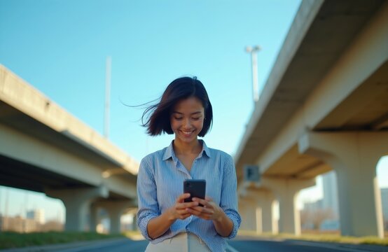 Asian woman uses smartphone app under city highway overpass. Pro lady checks mobile phone message outdoors on sunny day. Happy worker browses social media network internet site during urban travel.