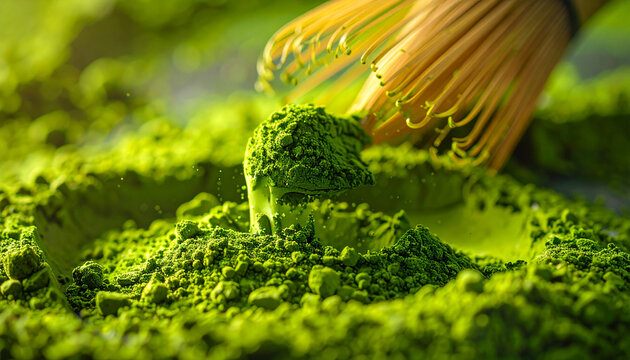 Matcha powder and bamboo whisk close up