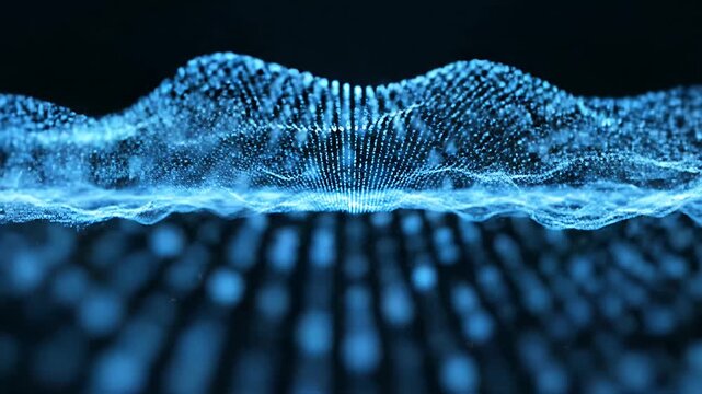 Blue digital particle wave flowing over dark background