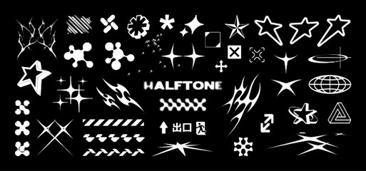 Plakat Monochrome y2k elements in halftone, brutalism style. Gothic, punk elements, geometric shapes, stars, sparkles, 3D tribal, planet. Retro y2k halftone for streetwear. Translated from Japanese: Exit