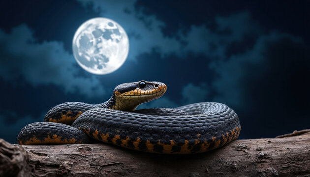Coiled black, yellow snake rests on wooden log at night. Full moon shines in dark starry sky background. Reptile hunter waits in wilderness during nocturnal hunt. Dangerous wild predator head looks
