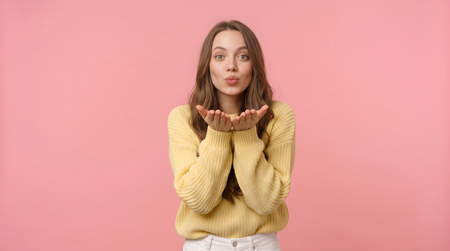 Beautiful Young Woman Blowing Air Kiss Toward Camera Wearing Yellow Sweatshirt Against Pink Studio Background with Affectionate Expression