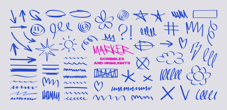 Permanent marker scribbles, highlights, arrows, hearts and stars. Children's doodles in and drawn style. Marker notes, highlighters, frames, underlines, round, sign and symbols. Vector graphic box