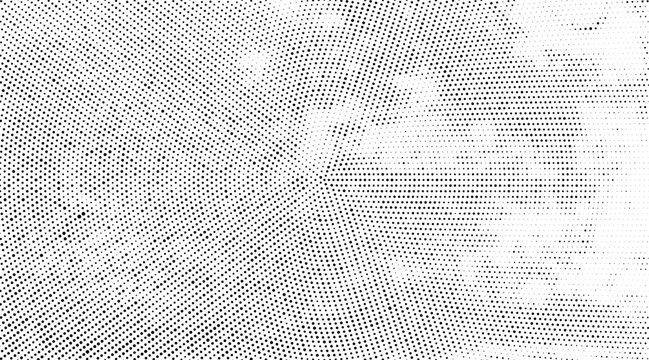 Abstract panoramic halftone dots background, radial pattern of dots. Halftone monochrome grunge texture nd dirty distressed ink spots overlay on white backdrop for panoramic banner. Vector graphic