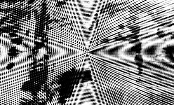 Monochrome halftone radial texture for overlay background. Distressed grunge dotted pattern. Circular monochrome dots gradient, overlay effect. Halftone radial grunge background. Vector graphic
