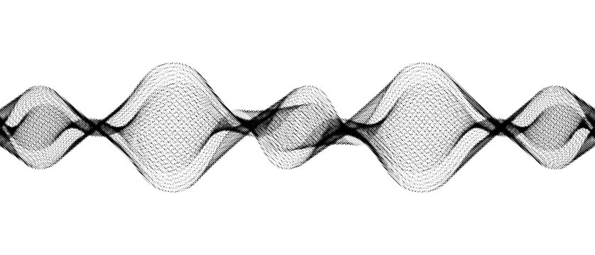 Dynamic equalizer audio wave in halftone style. Abstract flow sound line, dotted texture, digital audio wave pattern. Monochrome halftone frequency sound. Voice signal visualization. Vector backdrop