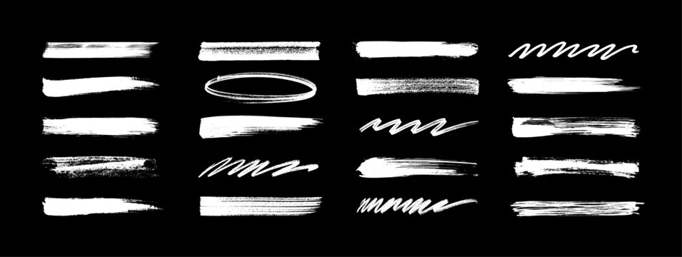 White dried paint splatter, chalk, acrylic paint. Brush strokes stencils for graphic design, text fields, callouts. Artistic textured ink brush strokes, underlines, highlights. Vector graphic set