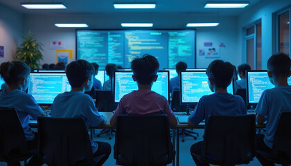 Obraz premium Young students program computers in a dark classroom. Children learn code on screens displaying digital information. Kids gain tech skills for future careers.