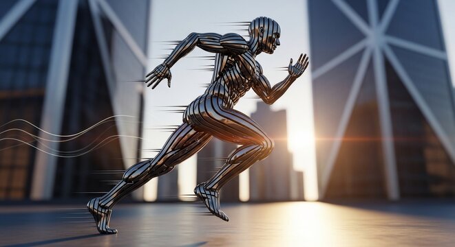 Metallic figure running cityscape