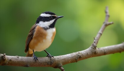 Naklejka premium Small colorful bird with black white, orange feathers sits on dry tree branch outdoors. Wild avian creature looks into distance in green forest habitat. Animal rests on twig in natural park setting.