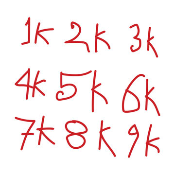 Set of hand drawn red markers numbers with letter k representing thousands isolated on plain background
