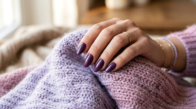 Close-up of a woman's hand with dark purple almond-shaped nails resting on a soft, lavender-colored chunky knit fabric, wearing gold rings and bracelets