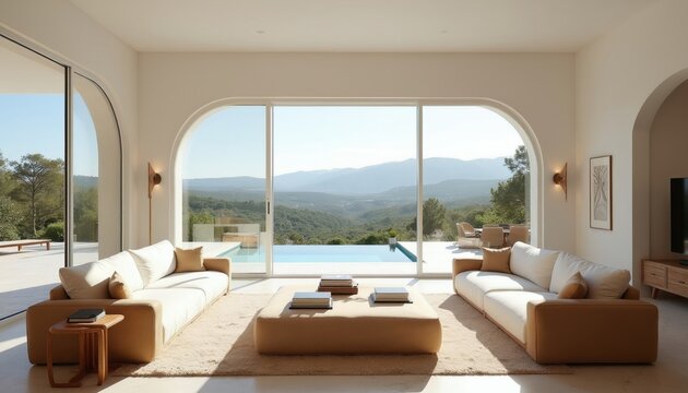 Modern living room features plush white sofas with panoramic mountain views through arched windows. Open floor plan connects interior lounge area to outdoor patio with sparkling blue swimming pool.