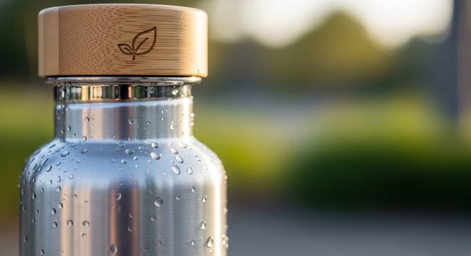 Metallic water bottle with wooden cap