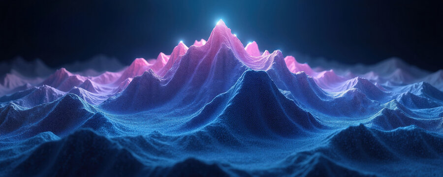 Digital abstract mountain range with glowing pink peaks and blue valleys. Futuristic terrain simulation with digital grid and particle effects. Topographic map rendered in 3D.