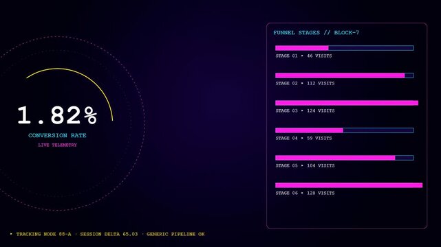 A dynamic conversion rate tracker visualizes live telemetry and funnel stages with vibrant digital graphics providing essential business performance insights on a dark background.