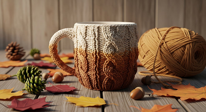 Mug with a cable-knit sweater cozy, featuring an ombre gradient from cream to brown, surrounded by autumn leaves, pinecones, and a ball of yarn