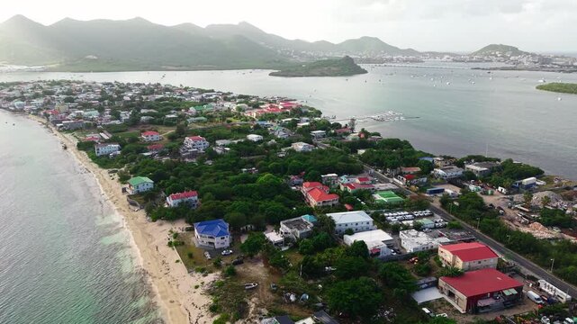 St. Martin Island, Caribbean Sea. Drone Shot of Sandy Ground Neighborhood, Beaches and Simpson Bay Lagoon
