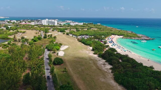 St. Maarten Island, Caribbean Sea. Drone Shot of Mullet Bay Beach and Simpson Bay Buildings