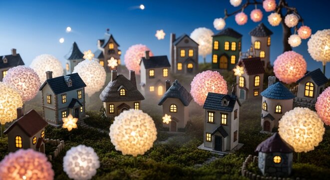 Miniature houses illuminated night scene