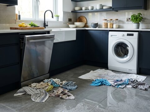 Flooded kitchen floor with water leaking from broken dishwasher. Damaged home interior with wet towels and appliance failure. Domestic accident requiring plumbing repair and maintenance.