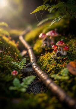 Miniature mushroom house forest scene