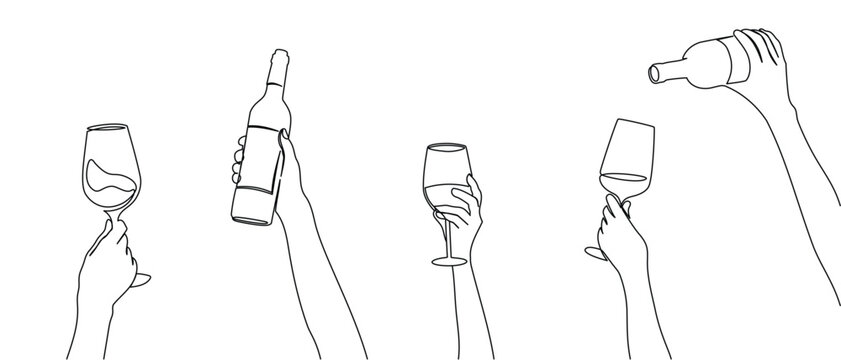 Continuous one line drawing of hand holding wine glasses and bottles. Champagne toast and cheers in simple linear style. Alcohol and cocktail drink menu in editable stroke. Doodle vector illustration