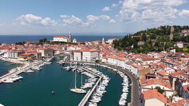 Drone Shot of Seagulls Attacking Drone Flying Above Piran, Slovenia