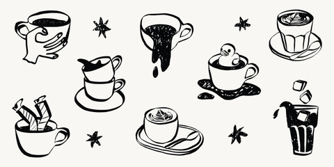 Quirky cafe doodles featuring coffee cups, latte and espresso. Hand-sketched breakfast beverage icons in retro style perfect for menu design projects. Grunge textured Vector Illustration. © Olga Rai