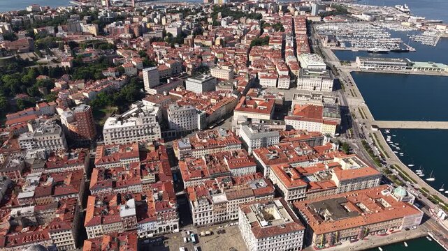 Drone Shot of Trieste Italy, Old Town Buildings, Main Square, Coastal; Traffic and Maina in Adriatic Sea