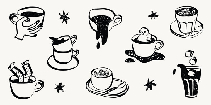 Quirky cafe doodles featuring coffee cups, latte and espresso. Hand-sketched breakfast beverage icons in retro style perfect for menu design projects. Grunge textured Vector Illustration.
