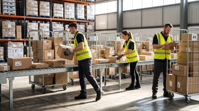 Warehouse workers sorting parcels beside conveyor in dispatch area