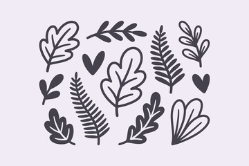 Fototapeta premium Hand drawn botanical elements featuring various leaves and heart shapes arranged in a simple minimalist style on a soft background