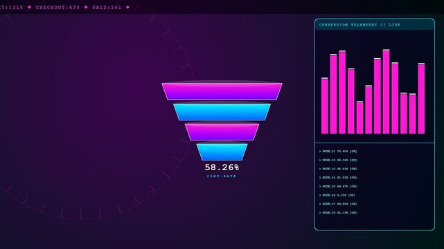 Dynamic data visualization displays a Conversion Rate Tracker animating on a dark futuristic dashboard with fluctuating bar charts and shifting percentage values