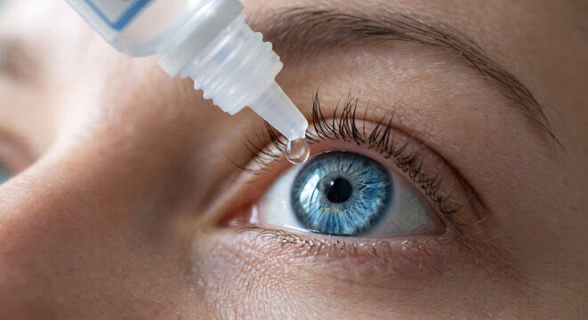 Close Up of Blue Eye Receiving Lubricating Eye Drops for Dry Eye Treatment Vision Care and Ophthalmic Healthcare Concept