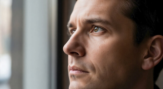 Close-up profile portrait of a serious man looking out a window. Thoughtful adult male face illuminated by natural light. Mental health and contemplation concept