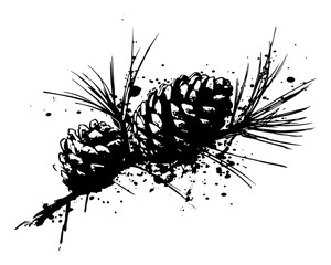Pine cones on coniferous branch in black ink splatter style, rustic forest nature sketch vector © Luka