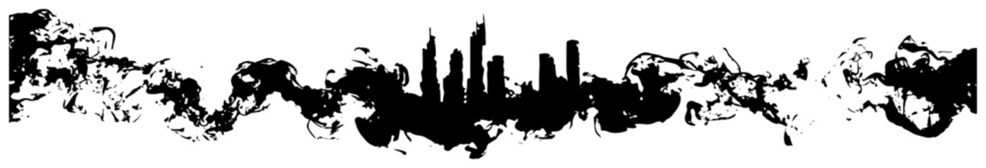 Obraz premium Urban city skyline silhouette with black ink smoke splatters, panoramic metropolis landscape banner vector