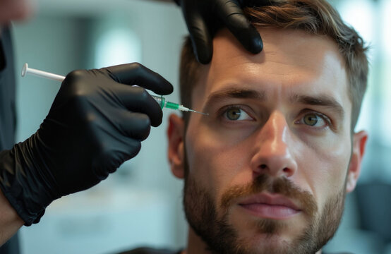 Pro cosmetologist in black gloves performs facial injection procedure for man. Doctor uses syringe for beauty treatment near male eye area inside medical office. Client gets cosmetic rejuvenation