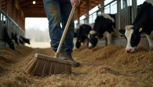 Farmer cleans barn floor with wooden broom near cows inside dairy farm shed. Worker wears blue jeans, sturdy boots sweeping straw bedding. Cattle eat food in background as man performs daily