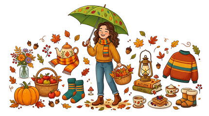Fototapeta premium Of a woman holding a green umbrella, surrounded by autumn like pumpkins, a teapot, a sweater, books, and falling leaves